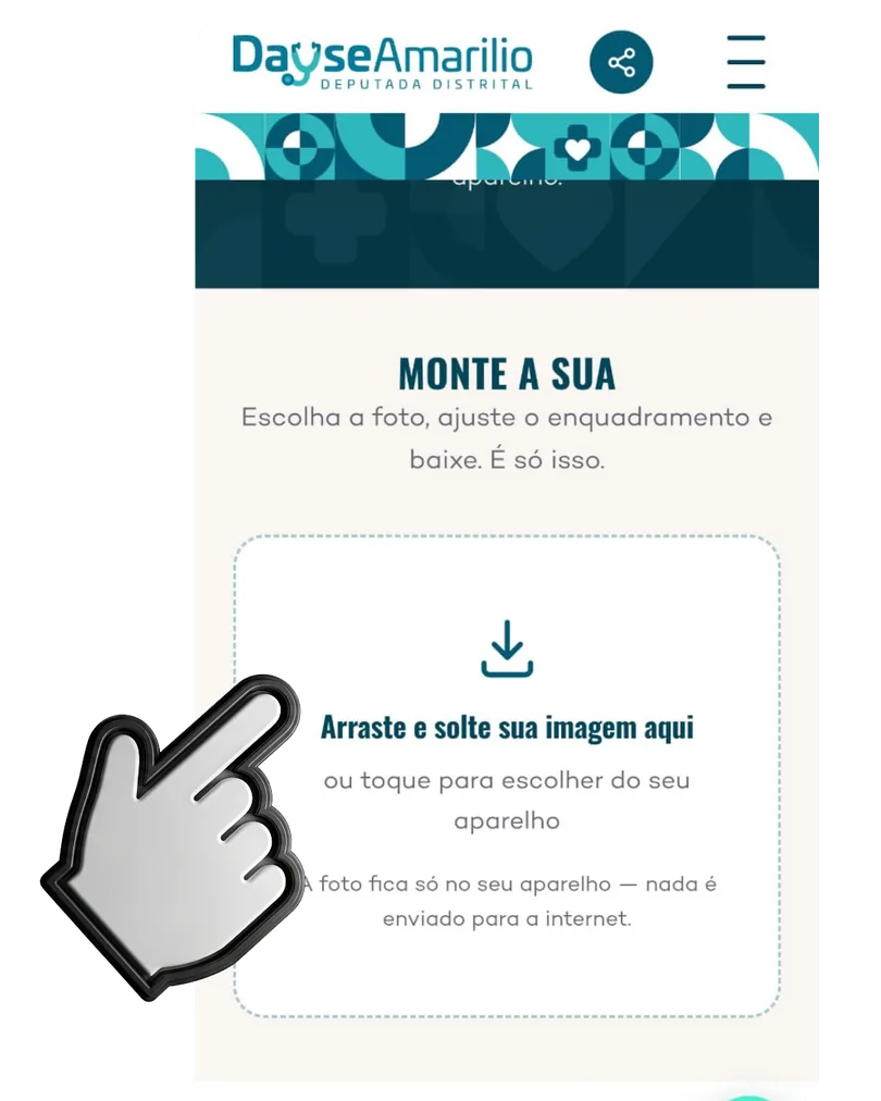Passo 1: a página aberta no celular, com uma mão apontando para a área escrita “Arraste e solte sua imagem aqui”.