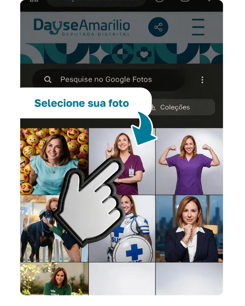 Passo 2: a galeria de fotos do celular aberta, com a instrução “Selecione sua foto”.
